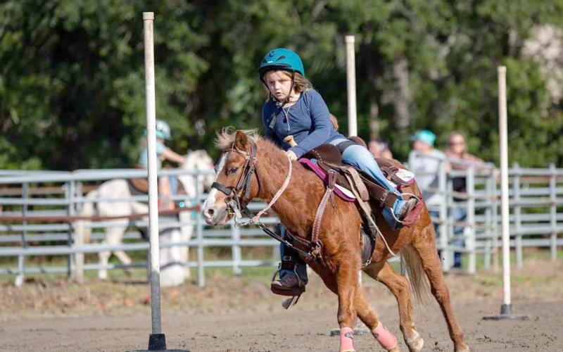 Sylvie Bruno competes in a pole race with her pony, Lucy, during the Florida Sheriffs Youth Ranches 66th anniversary open house and horse show Feb. 24. The 6-year-old loves to ride competitively, placing at the event. 